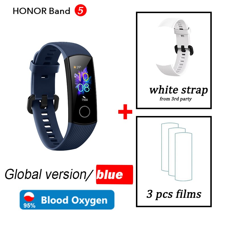 Honor band 5 wereldwijde versie smartband amoled hartslag fitness slaap zwemmen sport bloedzuurstofmeter: Blauw wereldwijd wit