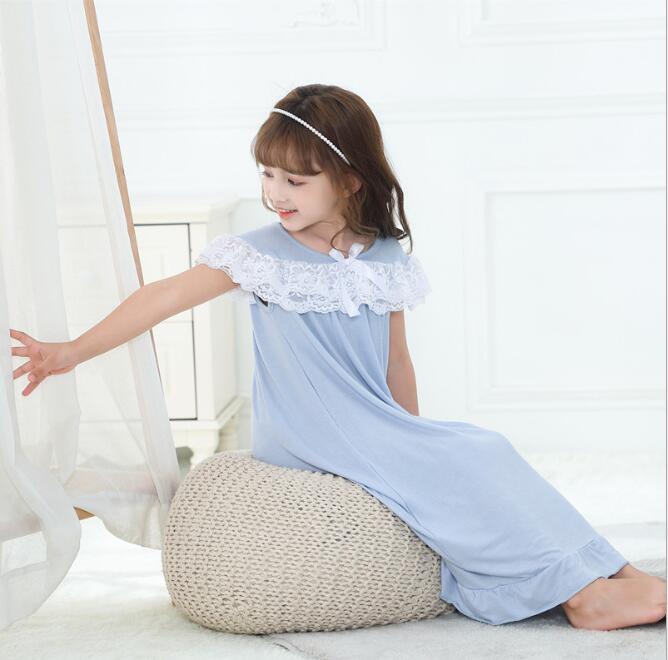 Camisón de encaje de algodón para niña, vestido de Pijama largo Maxi, ropa de dormir de Color puro, de 3 a 12 años, novedad de verano: Azul / 3 años