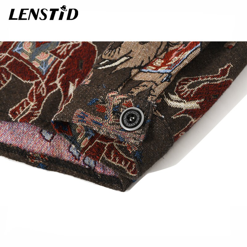 LENSTID Men Hip Hop Long Sleeve Knitted Shirt National Style Elephant Embroidery Harajuku Streetwear Vintage Casual Loose Shirts