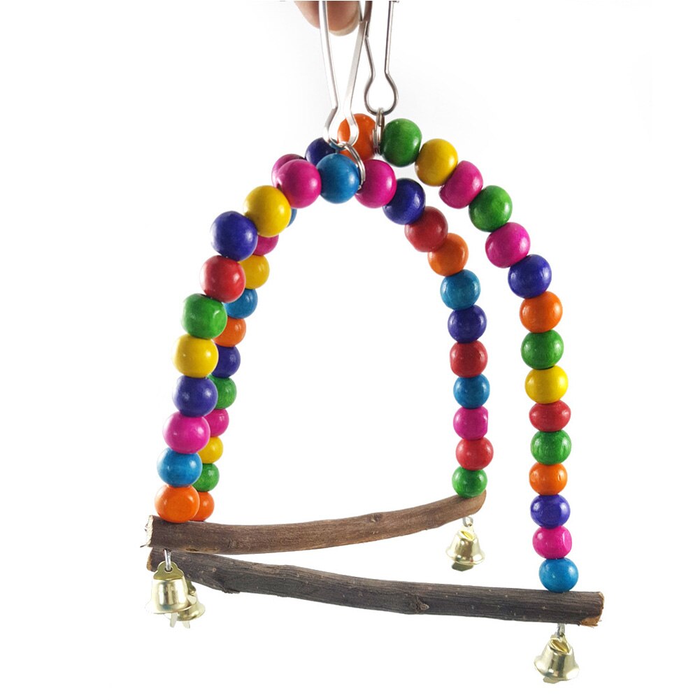 1pc papagaios de madeira natural brinquedo balanço pássaros colorido contas suprimentos de pássaro sinos brinquedos poleiro pendurado balanços gaiola para animais de estimação