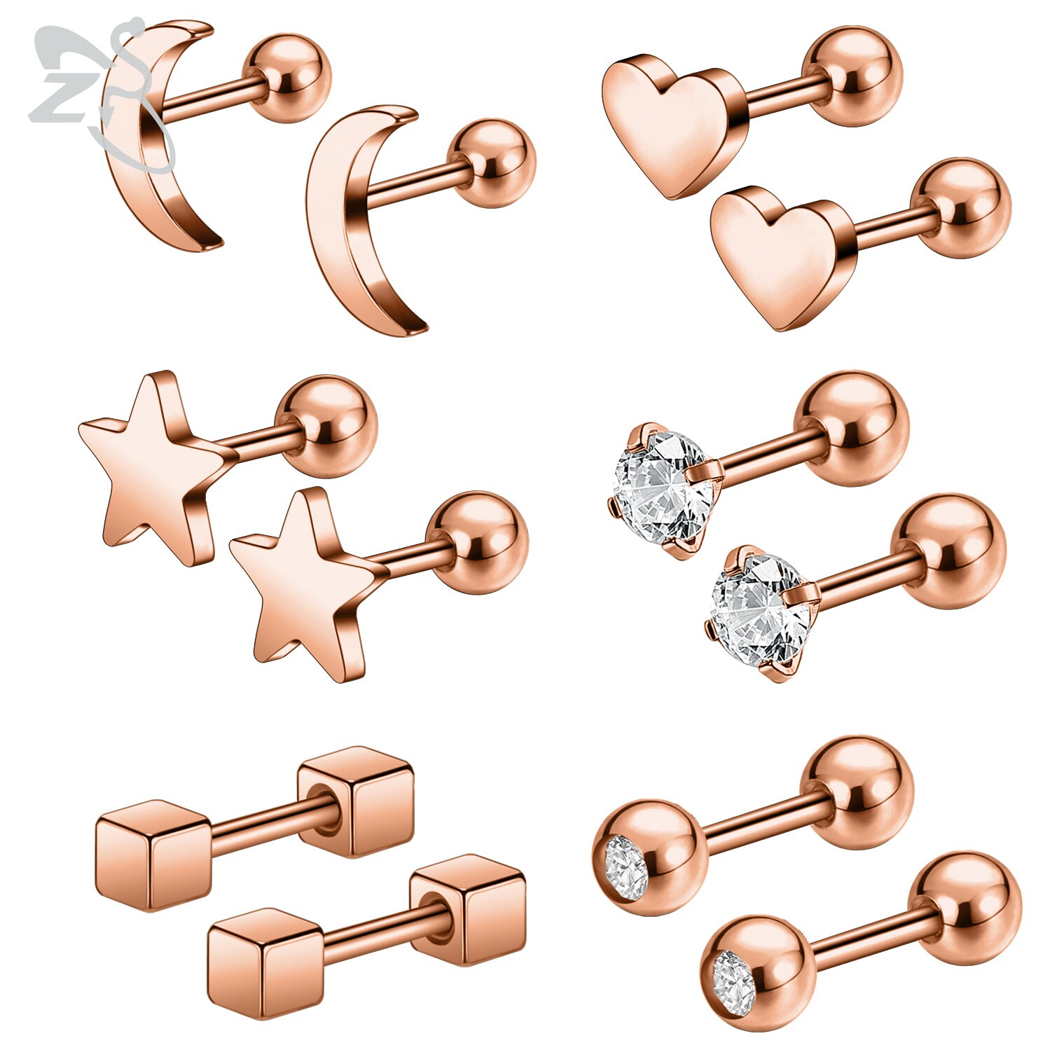 ZS 4-9pairs/lot CZ Crystal Stud Earring Set 3 Color Round Heart Star Stainless Steel Ear Helix Tragus Cartilage Piercing Jewelry: Style 1-Rose gold