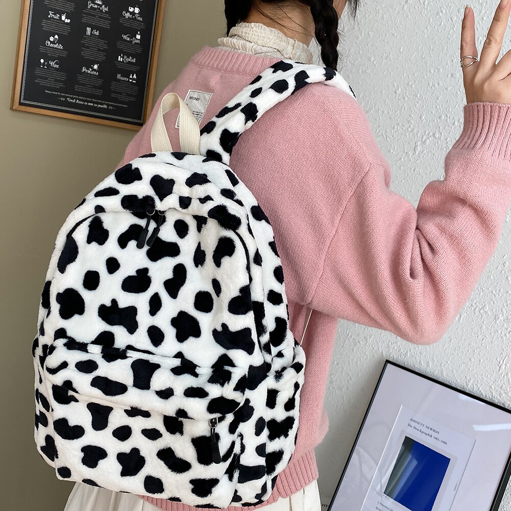 2021 nuove donne invernali zaino caldo in peluche borsa da scuola per ragazze adolescenti zaini con stampa mucca moda borsa da viaggio multitasche femminile