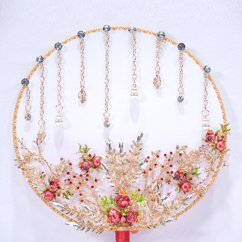 JaneVini ramo de boda de lujo chino ventilador de Granada oro flor Metal nupcial redondo abanico de mano rojo joyería boda Accesorios