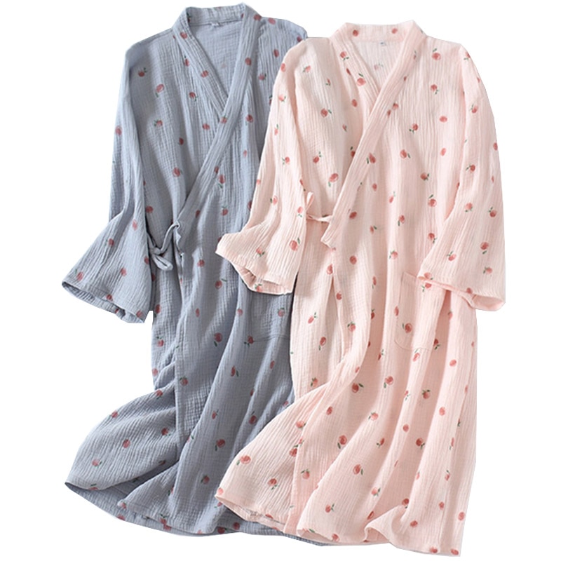 Vestido de dormir con estampado de melocotón para mujer, Camisón de algodón de gasa suave, ropa de casa Rosa holgada, bonito dibujo animado, novedad de primavera y otoño