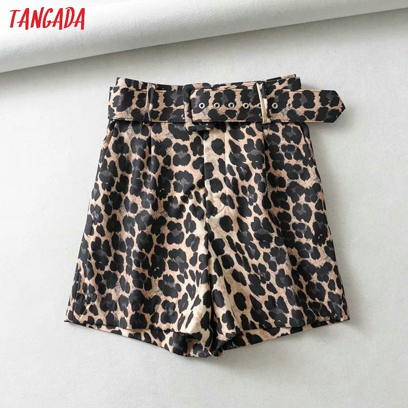 Tangada Vrouwen Vintage Luipaard Print Rok Shorts Met Riem Rits Vrouwelijke Hoge Taille Dames Casual Shorts 1Y09
