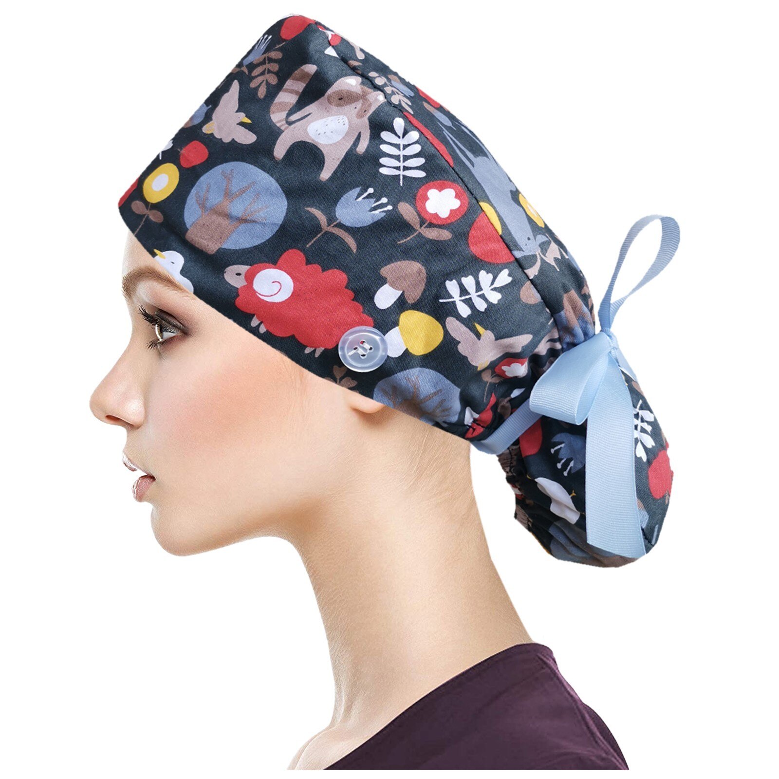 25# 3PC Unisex Adjustable Working Nursing Cap gorro quirófano Button Long Hair Sweatband Hat nurse Cap Cartoon print Gourd hat: F