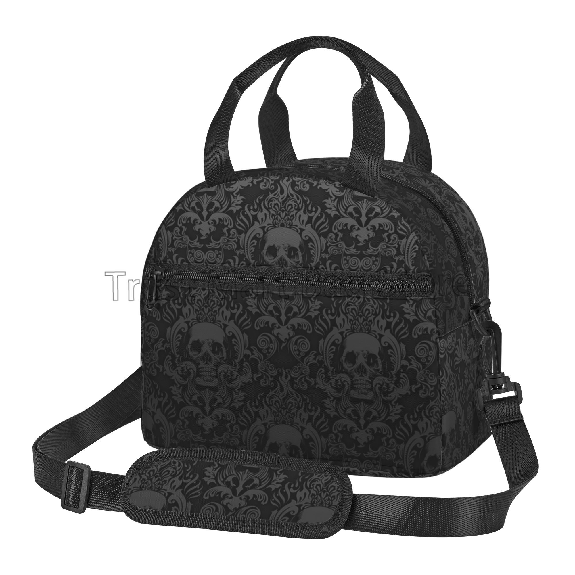 Gothic Black Skull Damask Insulated Lunch Bag Unisex Lunch Box with Detachable Shoulder Strap Reusable Thermal Cooler Tote Bag: Default Title