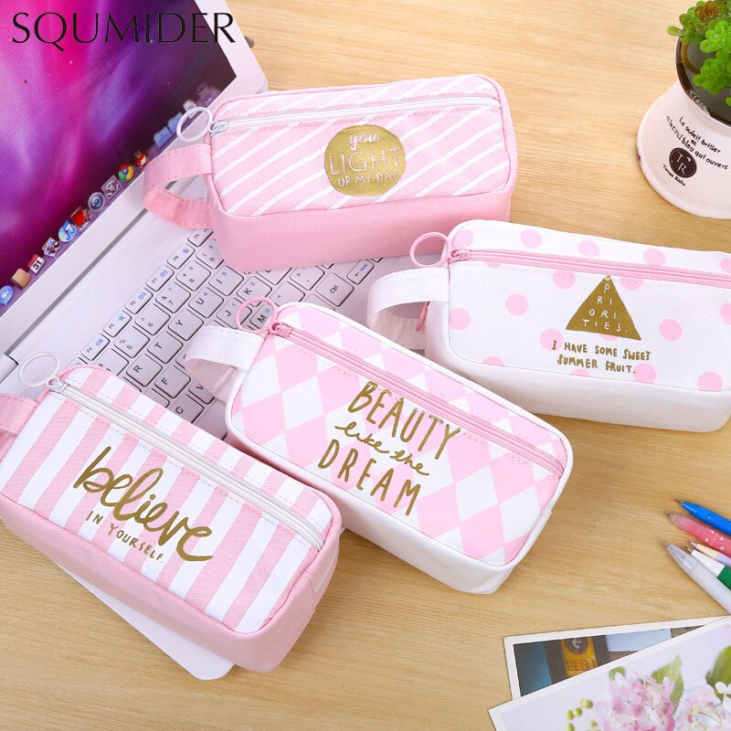 Pink canvas pencil case large capacity Kawaii pen case for girls school Pencil cases student stationery box cute Storage bag