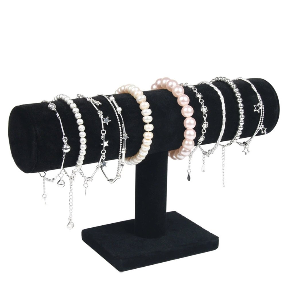Portable Velvet/PU Leather Bracelet Bangle Necklace Display Stand Holder Watch Jewelry Organizer T-Bar Rack Health99: black velvet