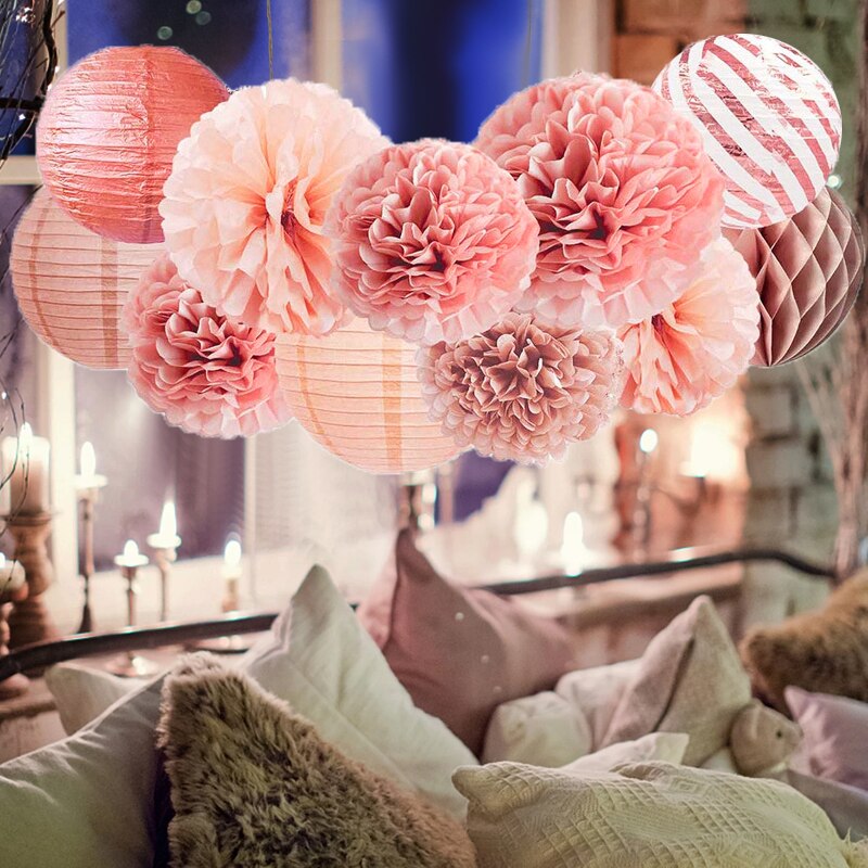 Lanternes rondes chinoises en papier Rose doré, 15 pièces/ensemble, boules de fleurs en papier de soie pour mariage, anniversaire, fête prénatale, décor de mariage