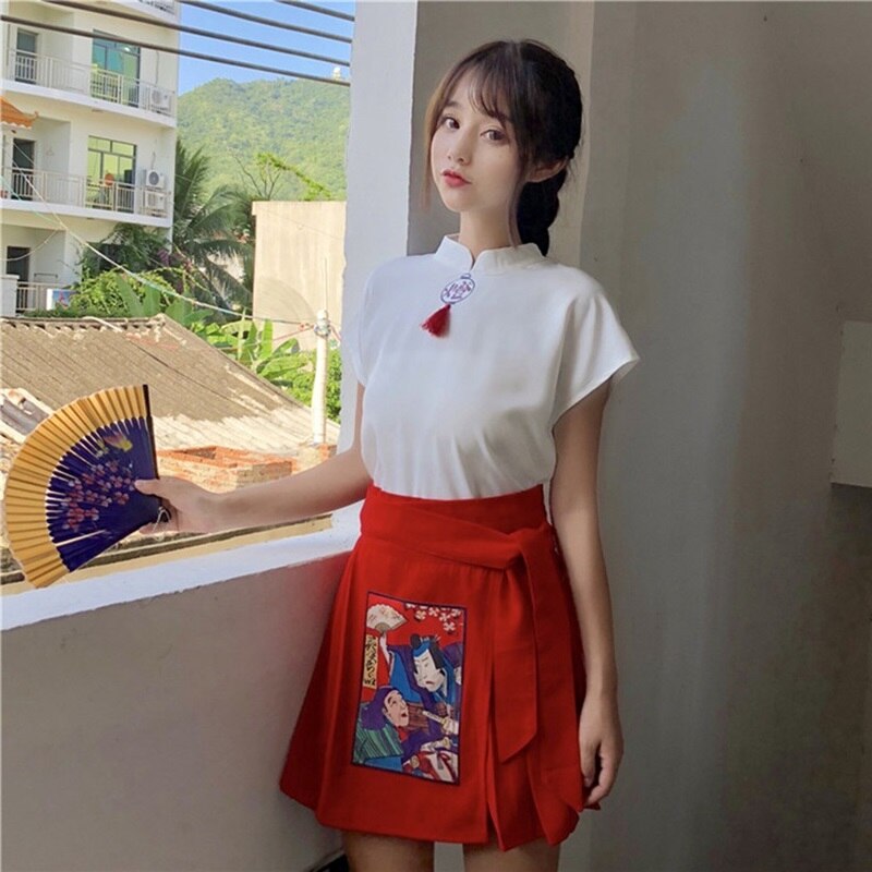 Ropa de estilo chino para mujer, traje de Festival, Top Cheongsam + Falda corta, trajes de escenario Harakuju, trajes bonitos