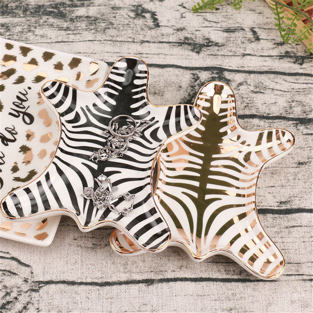 Nordic Gold Tiger Huid Keramische Trays Decoratieve Zebra Kleine Sieraden Schotel Ringen Armbanden Oorbellen Plaat Trays Houder Snack Schotel