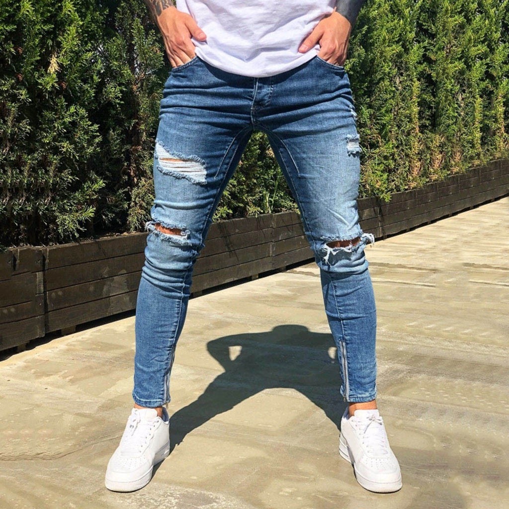 denim jeans men stretch Hole Trouser Distressed ripped jeans Long Pencil Pants Streetwear kot pantolon erkekler#g2