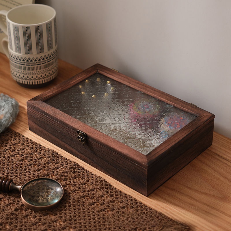 Retro trä dammtät förvaringslåda med fliplock i glas skrivbord smyckeskrin fukttät oxidationssäker verktygslåda för hemmabruk