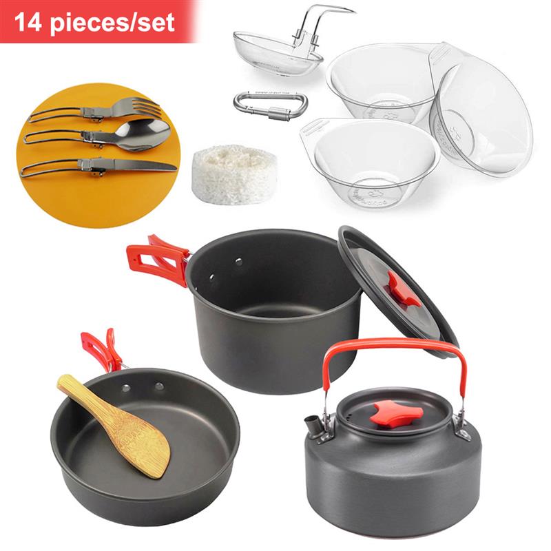 14/3 PCS Camping Cookware Outdoor Aluminum Portable Cookware Kettle 2-3 People Hiking Anti-scald Equipment Spoon Frying Pan