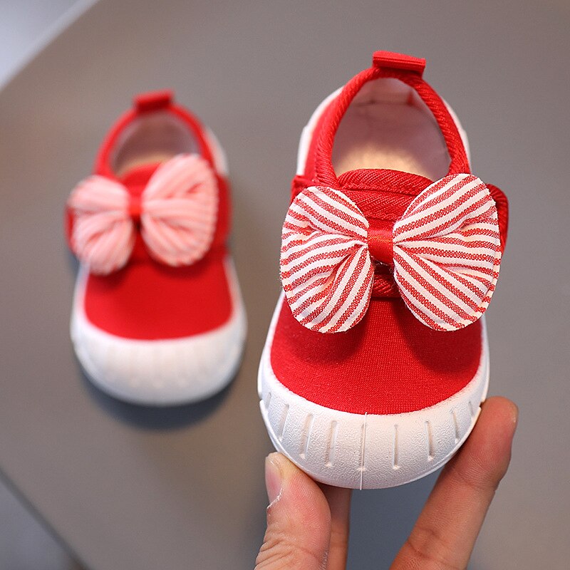 Criança sapatos de fundo macio do bebê menina casual arco pequeno das crianças respirável sapatos casuais listra bowtie sapatos primavera outono: Red / 17 insole 12cm