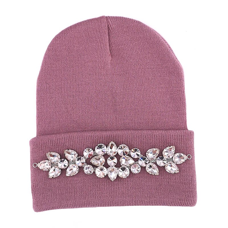 Vinter kvinder bomuld rhinestone beanies hatte damer elastiske strikkede beanies skullies hatte til femme varmt efterår motorhjelm ski caps: Lilla