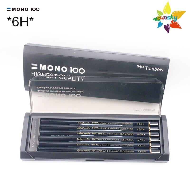 Tombow Japan Mono 100 Hexagonal Wooden Body Pencil,8H/7H/6H/HB/2B/4B,12 pieces 1 Dozen pencils,Smart black box: MONO-100-6H