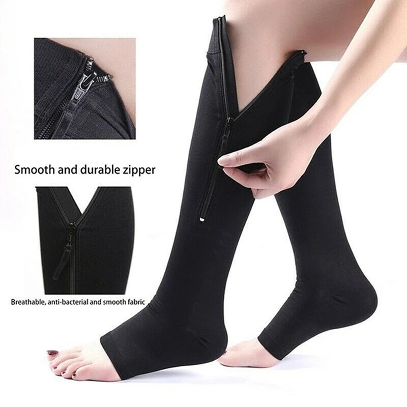 Calcetines de compresión con cremallera para hombre y mujer, medias hasta la rodilla con cremallera, soporte para piernas, punta abierta, Color sólido, YSZ02