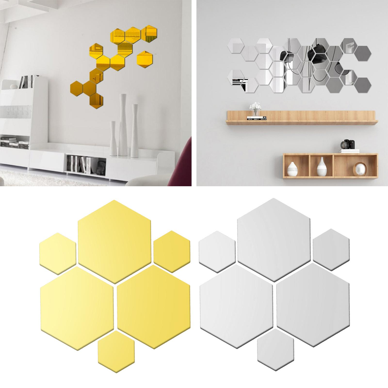 12-Pack Hexagonal Mirror Wall Stickers DIY Mirror Tiles Self Adhesive Wall Panels Removable Wall Decals for Decor TV Wall