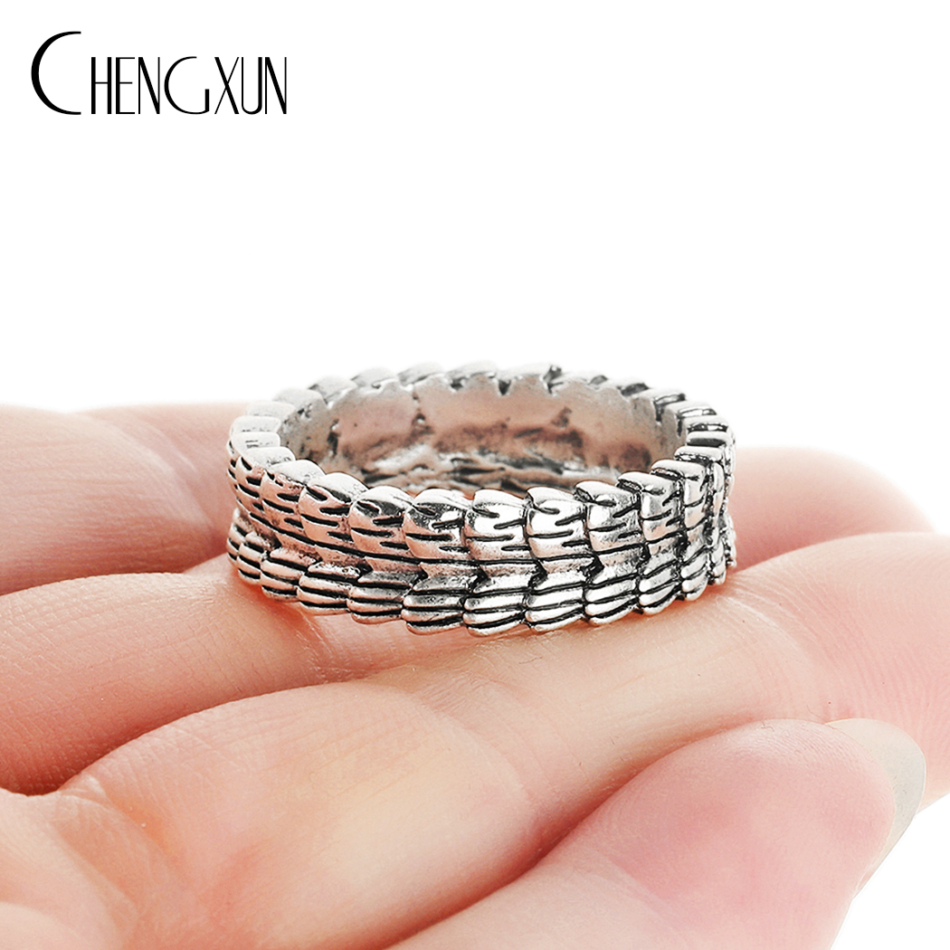 Chengxun Dragon Stijl Handgemaakte Antieke Zilveren Mannen Band Ring Punk Hip Hop Stapelbaar Biker Ring Mannelijke Vintage Mythologie Ring: 036