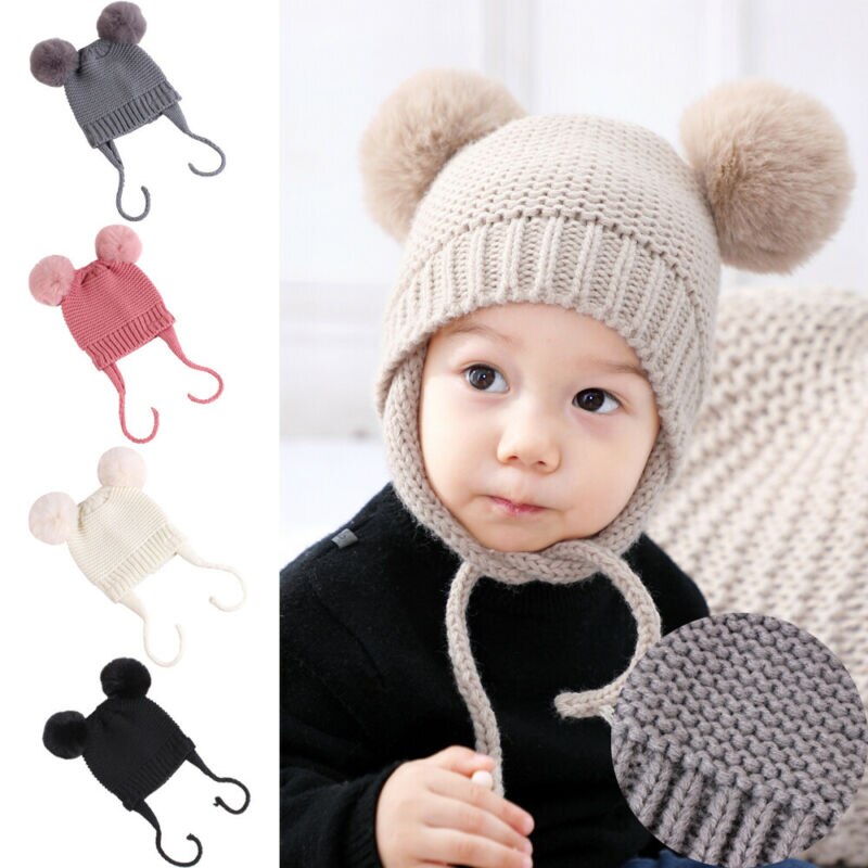 ¡Novedad de ! Accesorios para bebés, gorros de lana tejidos con cinta, gorros cálidos para el invierno para niños y niñas, gorros de lana tejidos con bola peluda