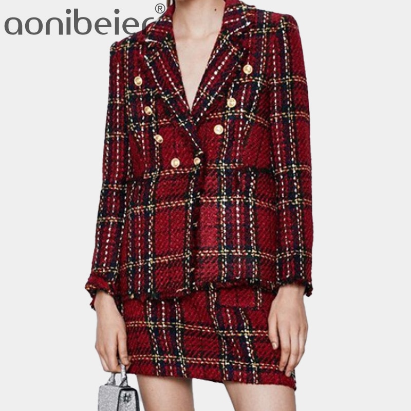 Aonibeier wiosna jesień kobiety garnitury spódnica w kratę zestaw dwurzędowy tweed pled kurtka damska szczupły i elegancki biust dwuczęściowy