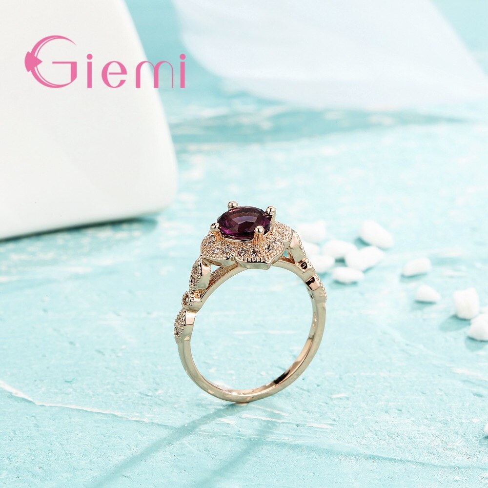 Pretty Flower Claw Setting Round Zircon Shiny Micro Rhinstone For Sweet Woman Girls Wedding Rose Gold Rings