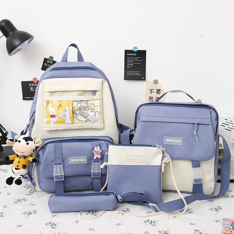 4 unids/set de lona mochilas para mujeres lindo bolsas para la Escuela de las niñas adolescentes bolsas los estudiantes mochilas para mujer mochila: Blue cards / Only backpack