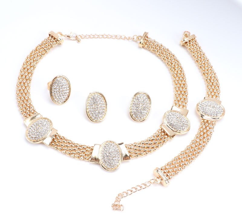 African Costume Jewelry Sets Women Gold Color Beads Rhinestone Oval Shape Necklace Set Dubai Nigerian Wedding Accessories
