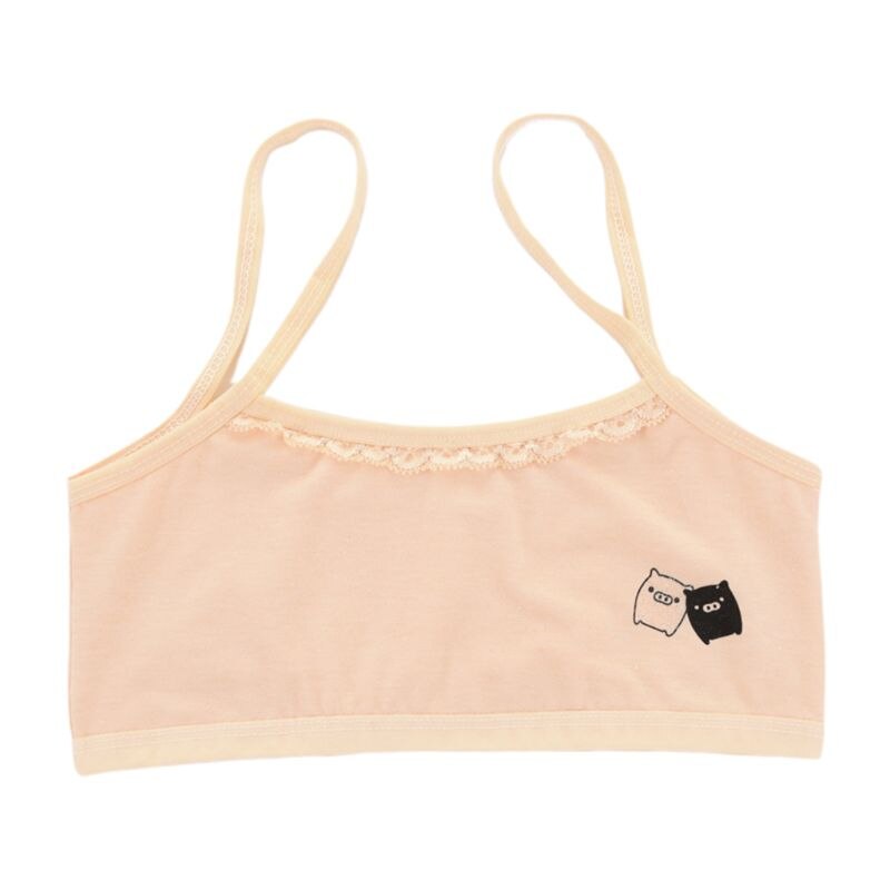 Puberty Girls Spaghetti Strap Training Bra Cartoon Underwear Wireless Bralette Scalloped Lace Splicing Camisole