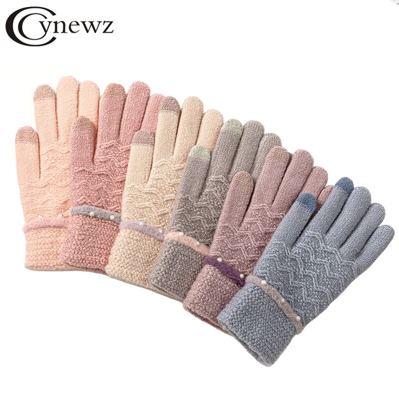 Vinter stickade handskar för kvinnor tjocka varma handskar kvinnlig pärladekoration pekskärm full fingrar handledsvantar damer guantes