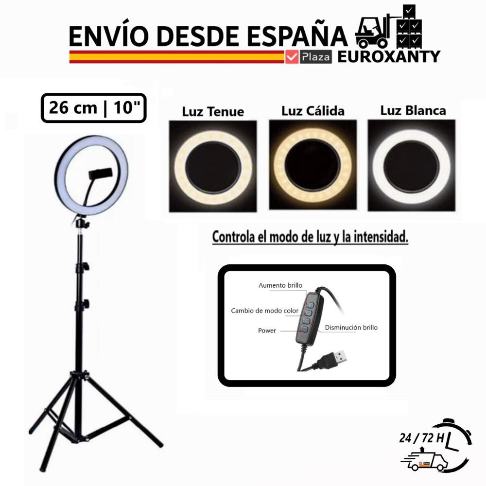 EUROXANTY® Aro de Luz Movil | 26cm 10" | Anillo de luz LED para selfie | Tripode para movil | Aro Luz LED Tripode | Plaza España