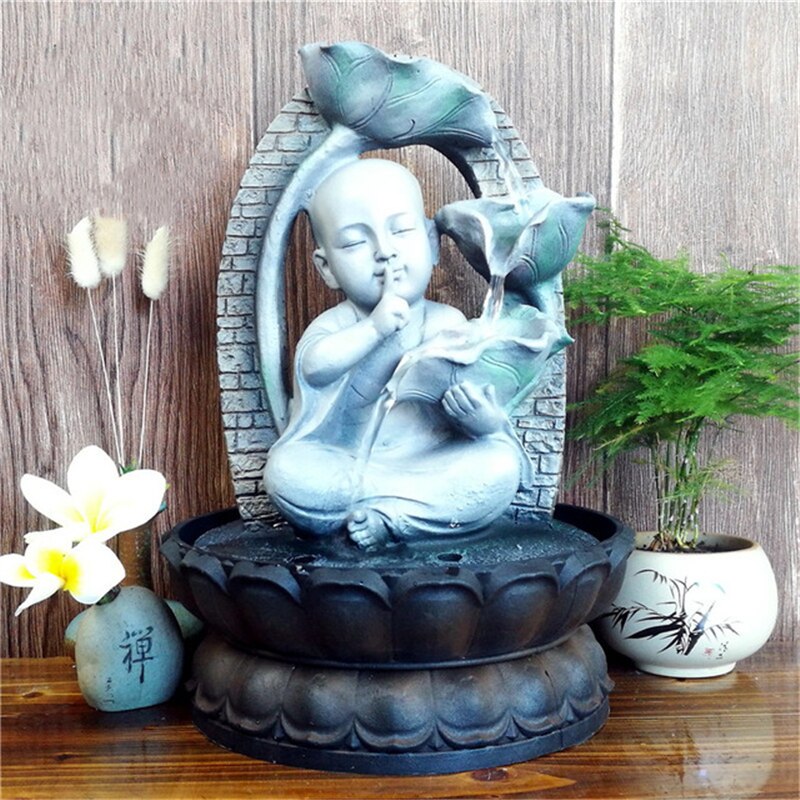 Handgjord zen harts buddha staty meditation munk rinnande vatten ljud vattenfall fontän peaeful skrivbords fontäner luft luftfuktare: 16059 / 110v