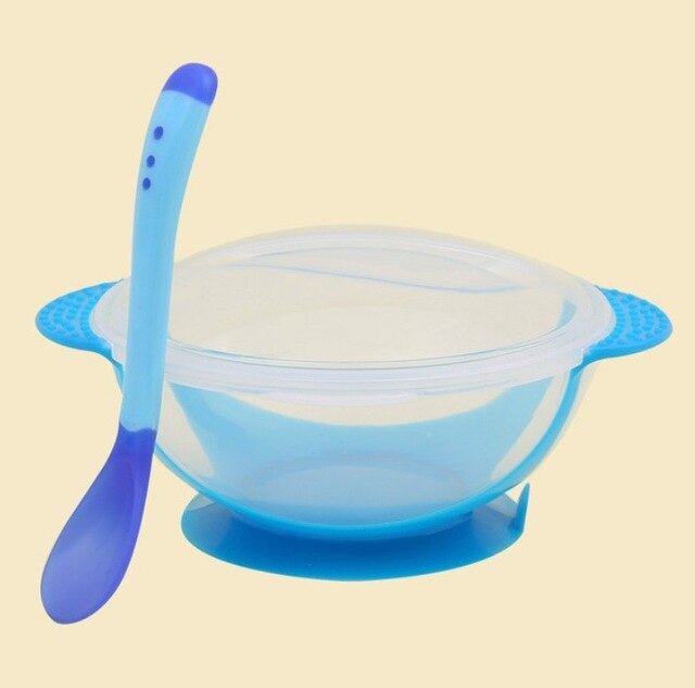 2 sztuk/zestaw naczynia do nauki dla dzieci z przyssawką zestaw obiadowy dla dzieci Assist Bowl łyżka z czujnikiem temperatury widelec zastawa stołowa: Blue Bowl spoon
