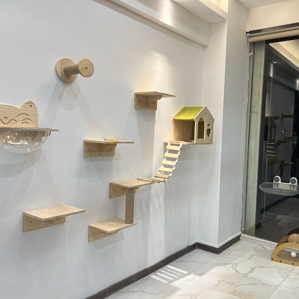 Cat Climbing Shelves Wall Mounted Hammock Wooden Cat Tree Tower Scratching Ladder Indoor House Pet Furniture Cats Playground