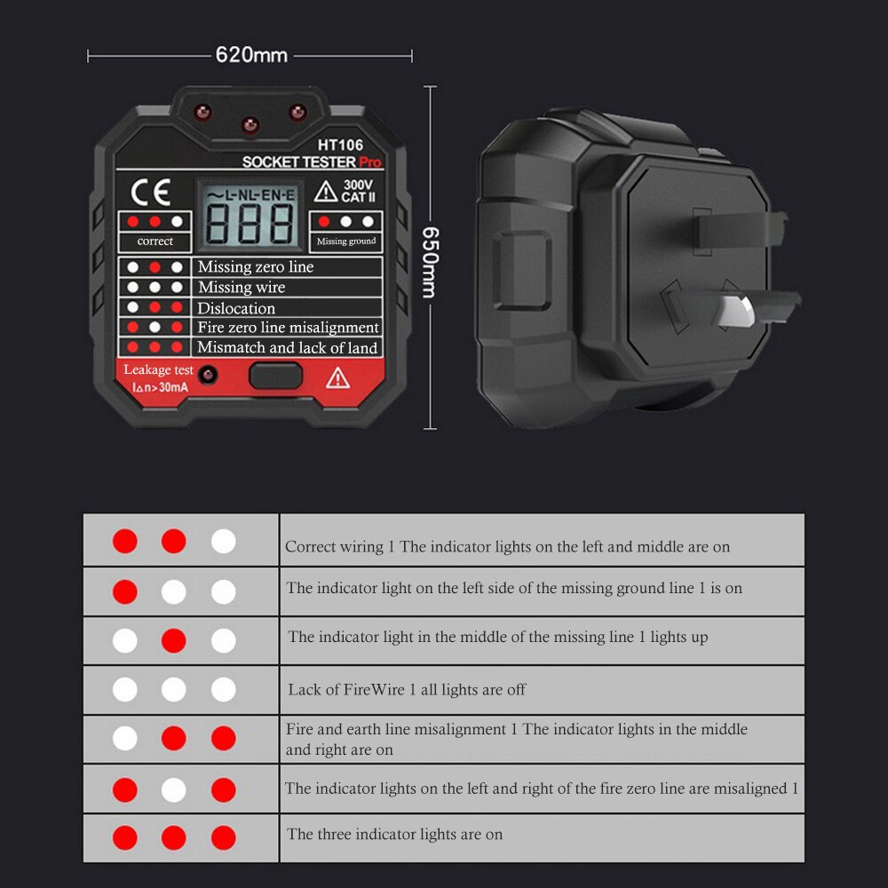 Comprobador de enchufes HT106, enchufe de pantalla Digital, Detector de comprobación de voltaje, enchufe de prueba de polaridad, comprobación de fallos eléctricos