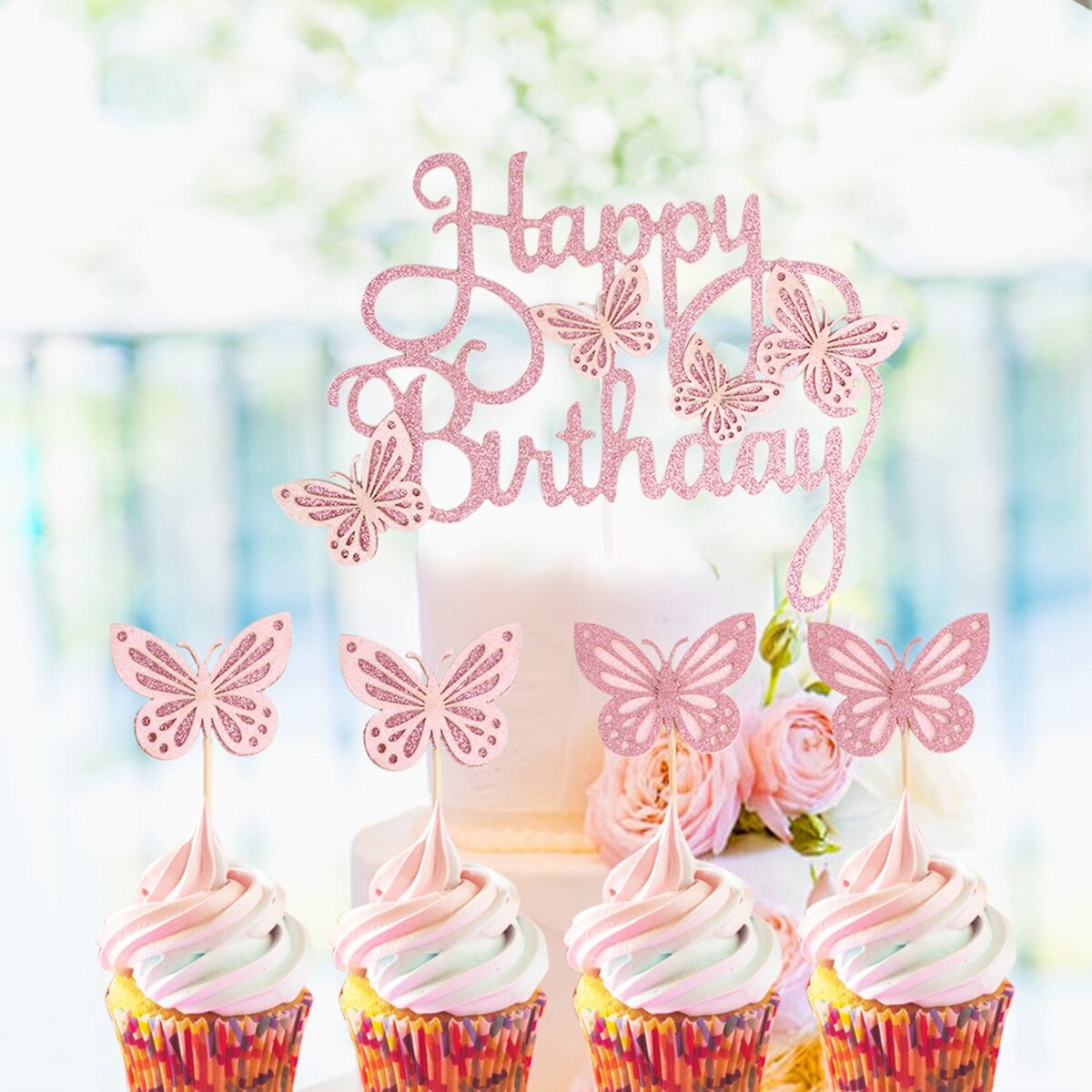 Pink lilla sommerfugl kage topper tillykke med fødselsdagen fest indretning baby shower pige bryllup brud dessert kage indretning cupcake flag