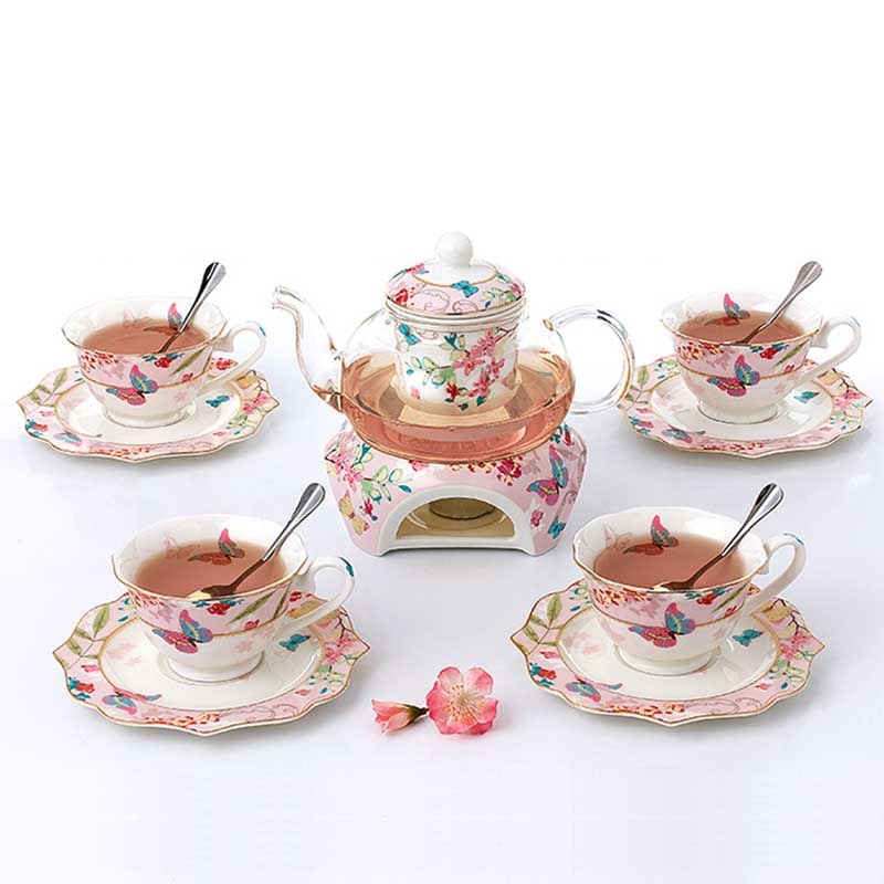 YeFine Ceramic 15 PCS Flower Tea Set British Afternoon Black Tea Set Heatable Glass Teapot Bone China Tea Cups And Saucers