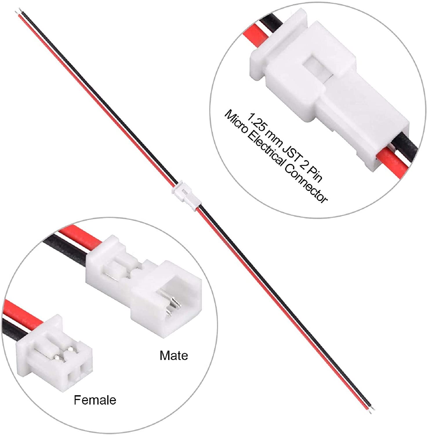 30 Pairs JST 1.25mm 2 Pin Micro Male Female Connector Plug 80mm Wires Cables
