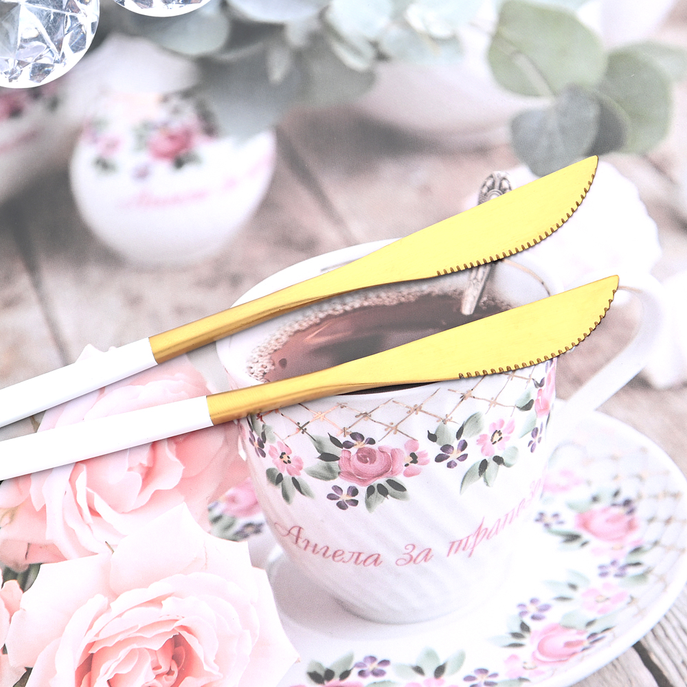 6Pcs Bestekset Rvs Zilverwerk Mes Vork Thee Lepel Servies Wit Goud Servies Bestek Keuken Diner Set