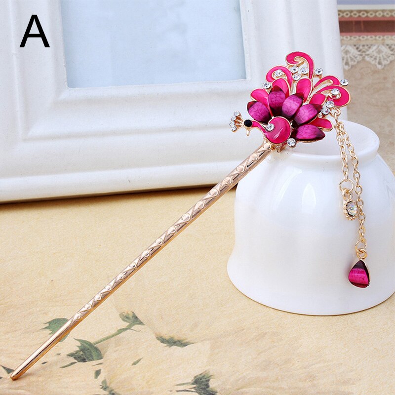 Baton de păr de păun de epocă betisoare în stil chinezesc ace de păr etnice pentru femei agrafe de păr din metal cu strasuri accesoriu de bijuterii: O
