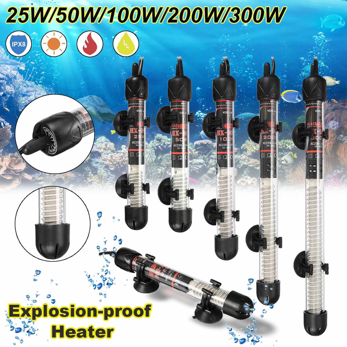 220-240V Automatic Water Heater Aquarium Submersible Fish Tank Constant Temperature Heating Rod 25W/50W/100W/200W/300W EU Plug