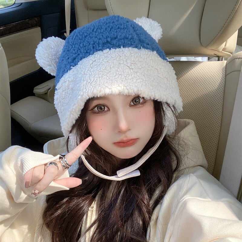 Sombreros de mujer adecuados para cara redonda de felpa, protección para las orejas, orejas de oso, otoño e invierno, sombrero cálido, gorra de bombardero japonesa