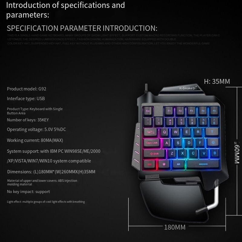 XNCORN Phone Keyboard 35keys One-handed Keyboard Colorful Mechanical Keyboard For Phone PC USB Interface Mobile Game Keypad