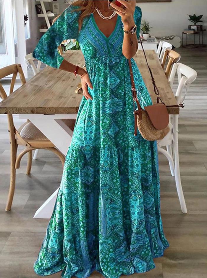 Robe longue à manches 3/4 pour femme, style bohème européen et américain, taille haute, col en V, imprimé fleuri fragmenté,