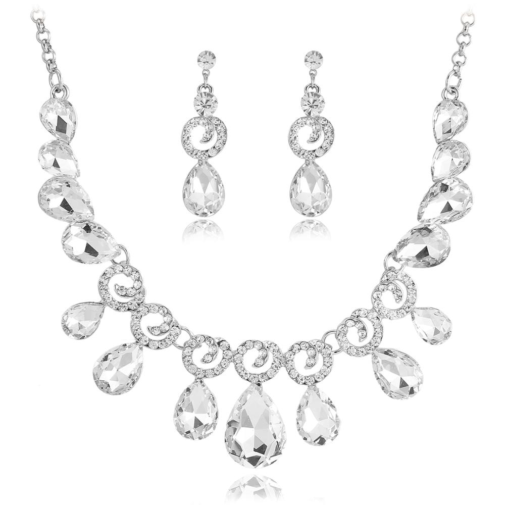 FARLENA biżuteria elegancka kropla wody kształt kryształki górskie naszyjnik kolczyki zestaw biżuterii ślubnej na ślub bal: biały srebro platerowany