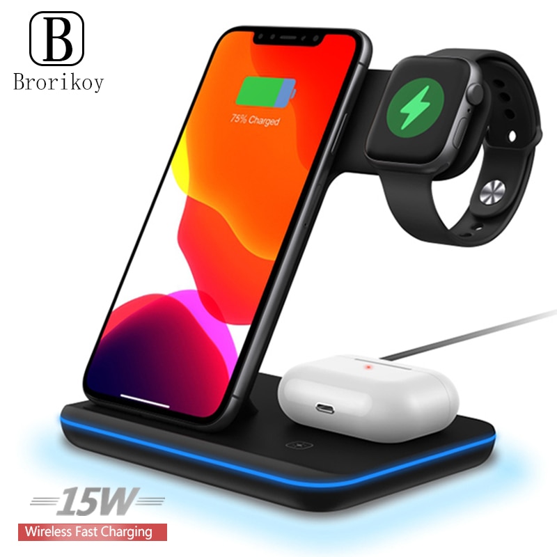 15W Qi Caricatore Senza Fili Del Basamento molo stazione 3 in 1 per il iPhone 11 pro Max XR XS MAX X 8 + di Mela Serie di Orologi 4 3 2 Airpods pro 2