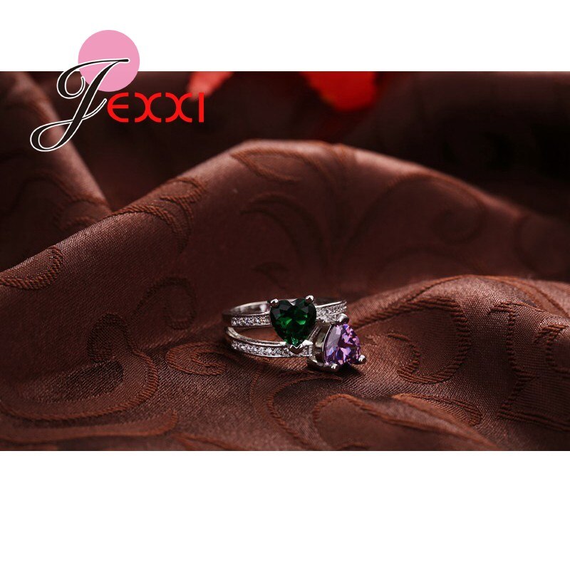 Moda criativa jóias anel oco romântico duplo coração roxo verde cz cristal anéis de festa de casamento feminino