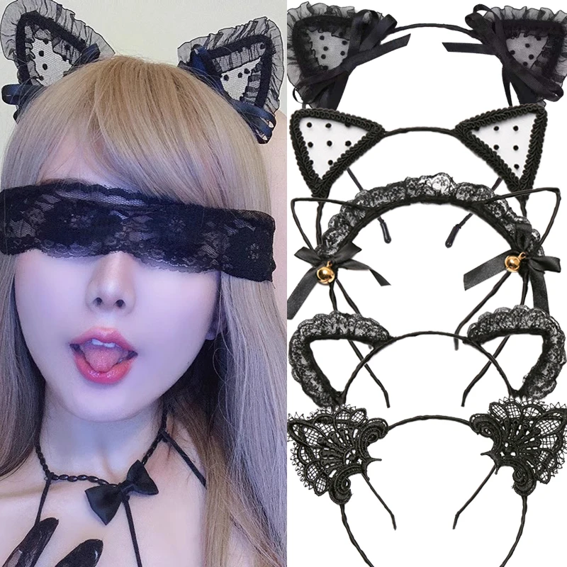 Women Sexy Black Cat Ears Head Bezel Lace Lady Hairband Cosplay Headwear Headband Girl Birthday Party Hair Accessories